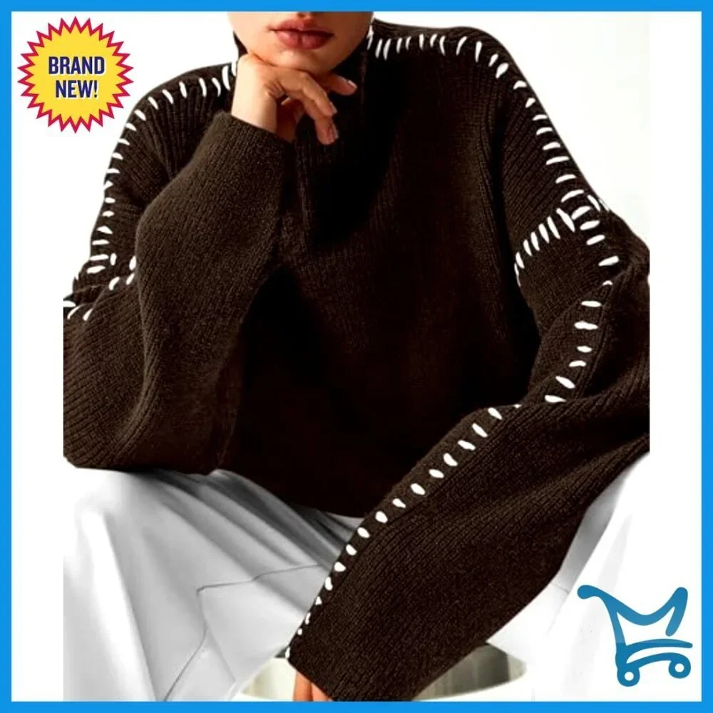 Chunky Knit Mock Neck Oversized Pullover Sweater Fall Winter Fashion Tops